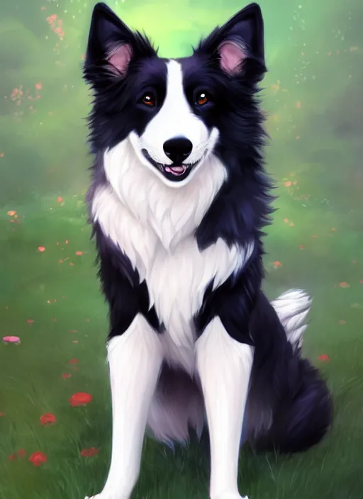 Image similar to wide angle beautiful full body portrait of a cute male anthropomorphic border collie fursona wearing a t - shirt and posing in front of a park, character design by charlie bowater, henry asencio, and ross tran, furry art, furaffinity, scenic background, beautiful, glamor pose, detailed, trending on artstation