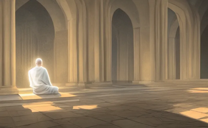 Prompt: distant monk sitting inside a peaceful marble temple while being illuminated by a ray of light, blissful, digital oil painting