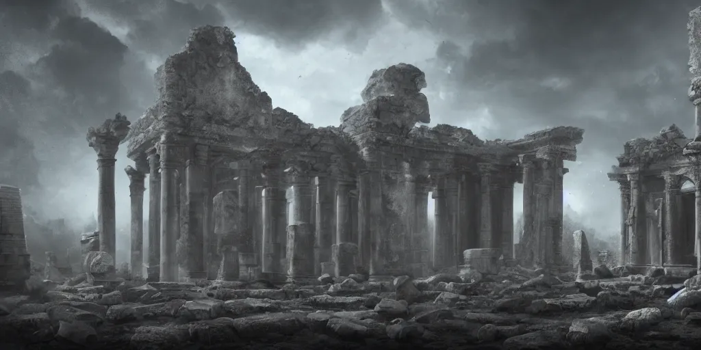 Prompt: a highly detailed matte painting of an ancient stone portal to other worlds in the ruins of a temple, ominous, foreboding, dark, trending on artstation,