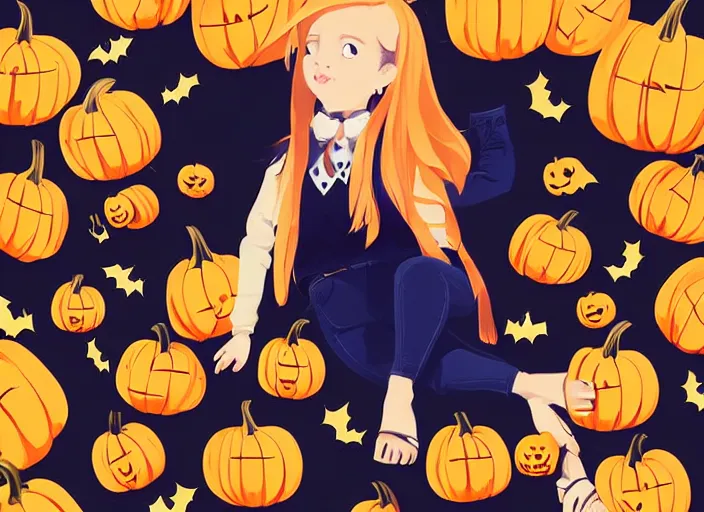 Image similar to little girl with long golden blonde hair sitting on a pile of halloween pumpkins and skulls. clean cel shaded vector art. behance hd by lois van baarle, artgerm, helen huang, by makoto shinkai and ilya kuvshinov, rossdraws, illustration, art by ilya kuvshinov