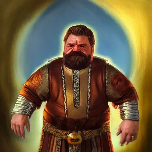 Prompt: a hyperrealistic painting of a saintly dwarven cleric that looks like ron swanson looking stoicly to the right, golden hour, iconography, cyberpunk