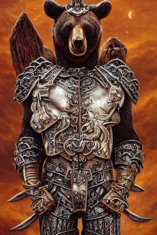 Image similar to sideview waist up portrait of bear wear baphomet armor made with porcelain by jeff easley and peter elson, beautiful eyes and face, symmetry face, galaxy, gothic, surreal, dread, highly detailed, intricate complexity, epic composition, magical atmosphere, masterpiece, award winning, trending on artstation