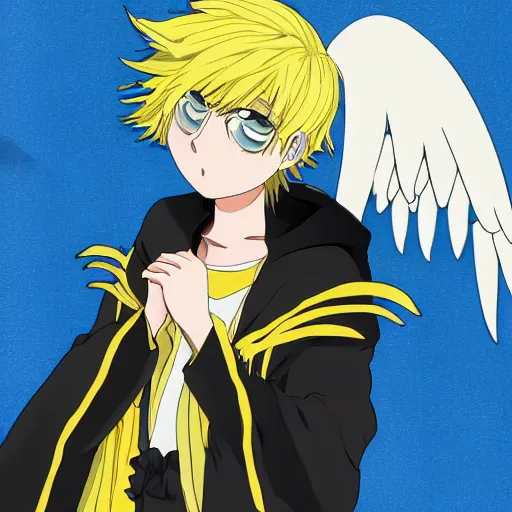 Image similar to cute anime angel boy with yellow hair and a startled expression, large eyes, and a blue tail. golden wings and a halo. style of black clover