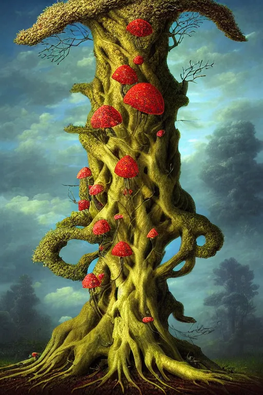 Image similar to a beautiful digital illustration painting of a detailed fantasy tree trunk and roots, mushroom, flowers by benoit b. mandelbrot, steven belledin, martin johnson heade, lee madgwick, caspar david friedrich, and david rios ferreira. 8 k resolution trending on artstation concept art digital illustration