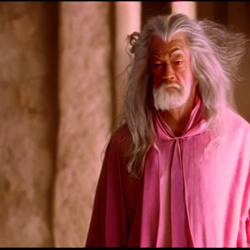 Image similar to gandalf wearing light pink robes, wearing a pink bow in his hair, movie still from the lord of the rings