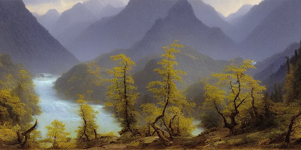 Prompt: art by alexandre calame of the cinematic view of the jiuzhaigou valley forest