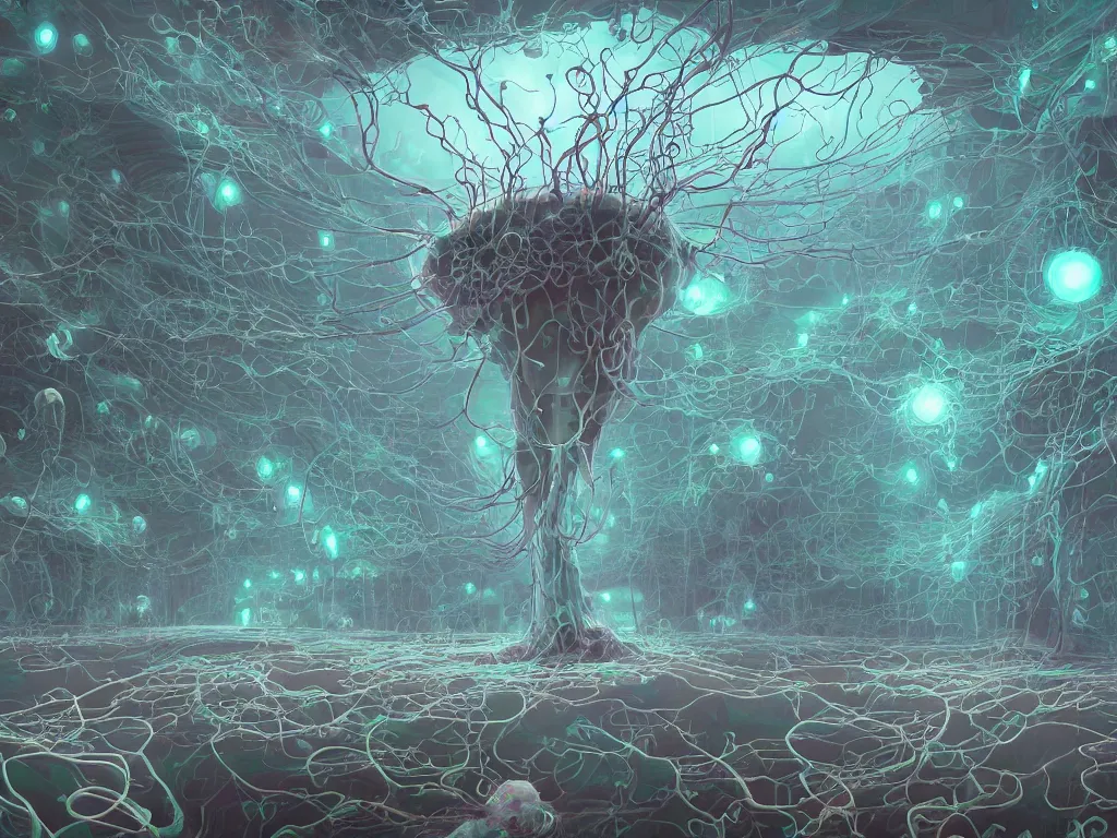 Prompt: A concept matte painting of internal lymphocyte virion singular symmetric mushroom synaptic fractality fungus transmission embryonic beholder glial neurons rhizomorphic like slime mold, cyberpunk eyewire nerve cells microscopic plankton glowing neuronal brain cell synapse by Dan Mumford, Ted Nasmit, rossdraws, beeple
