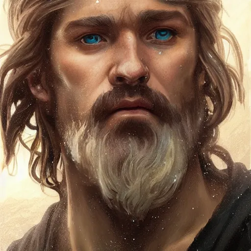 Image similar to ''face portrait of handsome poseidon from greek mythology, sea background, greece, fantasy, dungeons and dragons, d & d, digital painting, artstation, concept art, sharp focus, illustration, art by greg rutkowski and alphonse mucha''