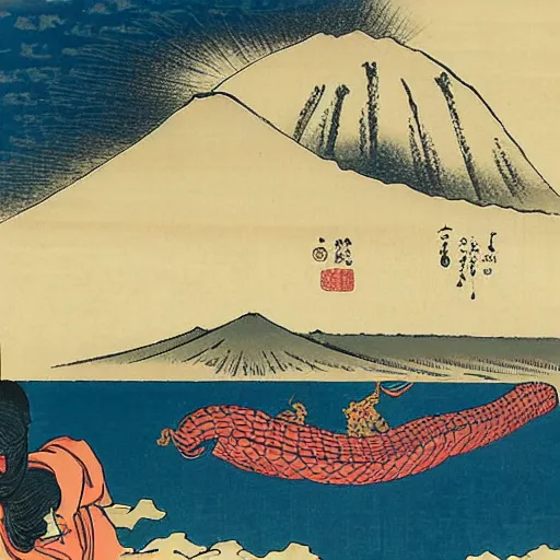 Prompt: Giant banana fighting against Godzilla with mount fuji in the background by Hokusai, ukio-e