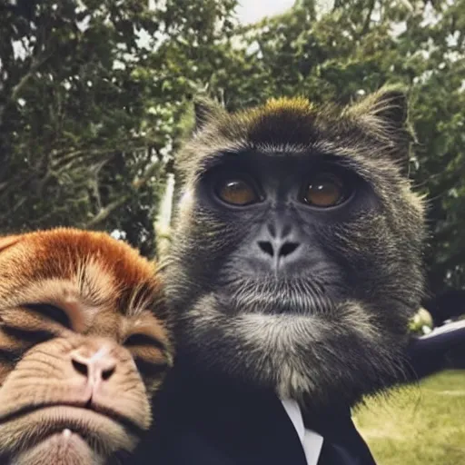 Image similar to Monkey, cat, and dog in suits taking selfie.