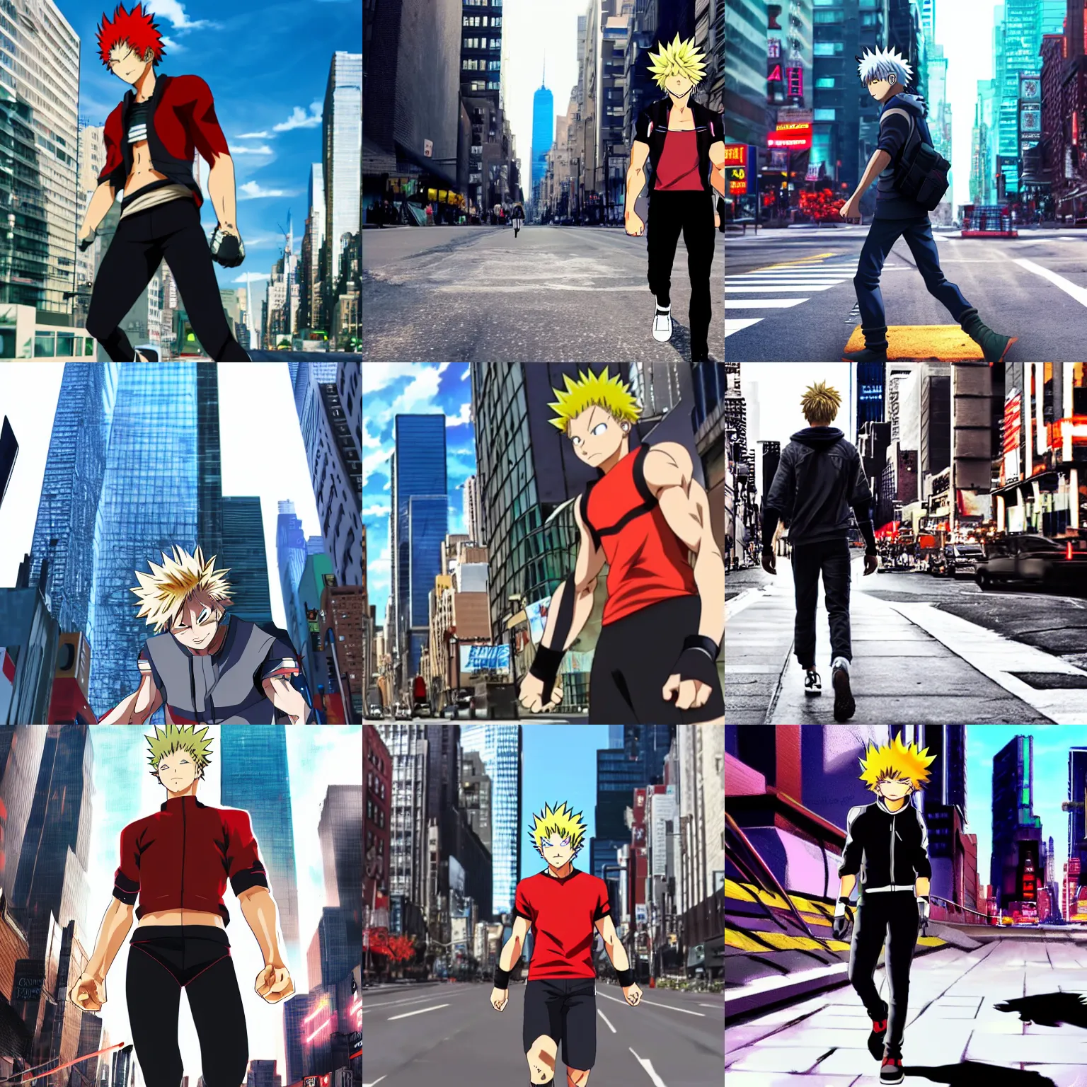 Prompt: bakugou walking through manhattan, anime, 4 k