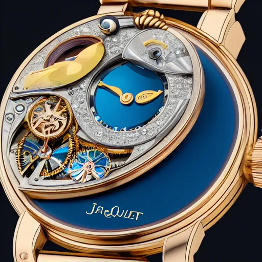 Image similar to a steampunk sleek, jewelled, tropical bird repeater watch by Jaquet Droz, gold and silver highlights, neon blue highlights, macro photography, F/2.8, trending on artstation, octane render