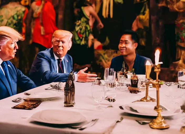 Image similar to Trump and Biden having dinner at a fancy Balinese restaurant, award winning cinematic photography, 50 mm, blurred background, trending on twitter