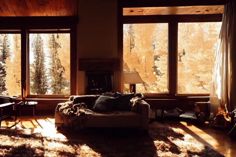 Prompt: interior of a cozy room in Aspen, golden hour, sunbeams, volumetric lighting, cozy, super cozy, cozy!, very cozy, comfortable, warm, coziest room in the world, by Emmanuel Lubezki