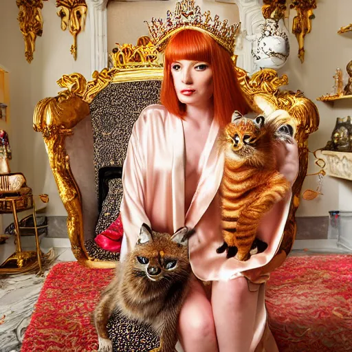 Prompt: a stunning hyper-detailed photo of a slender beautiful woman with straight long ginger hair and bangs, wearing a luxurious silk robe and retro eyeglasses and a jeweled gold crown, posing with her large ginger tabby cat and raccoon and parrots on an elaborate throne in her high-ceiling Victorian living room, holding a porcelain parrot-shaped coffee mug and a donut, perfect eyes, fashion photography, dramatic cinematic lighting, octane render, IBEX Masters, unreal engine, 85 mm lens, paisley wallpaper