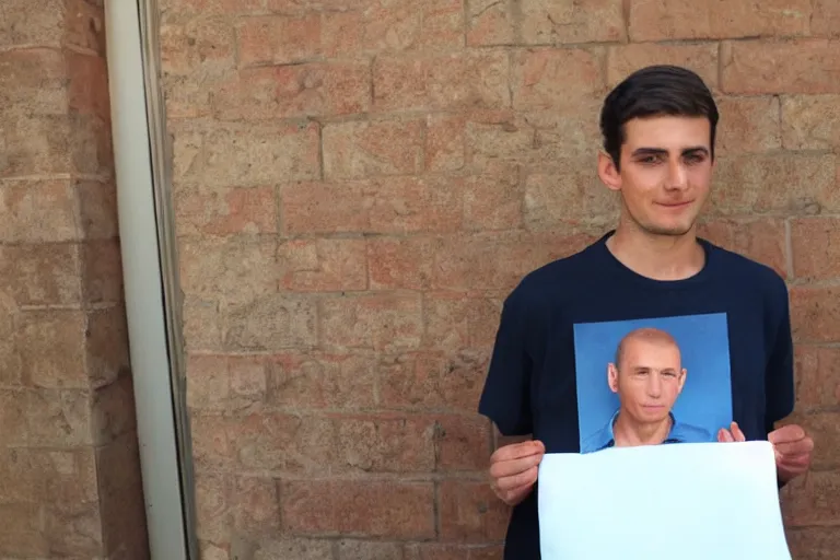 Image similar to young man holding a photograph of him as a old man