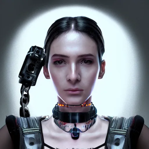 Image similar to detailed realistic female character cyberpunk wearing thick technological collar around neck, realistic, art, beautiful, 4K, collar, choker, collar around neck, punk, artstation, detailed, female, woman, choker, cyberpunk, neon, punk, collar, choker, collar around neck, thick collar, tight around neck, punk,