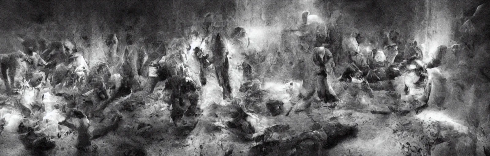 Image similar to world leaders engaging in a clandestine sacrifice of a lamb, dark room, misty dripping from the walls to the floor, in the style of director Ridley Scott