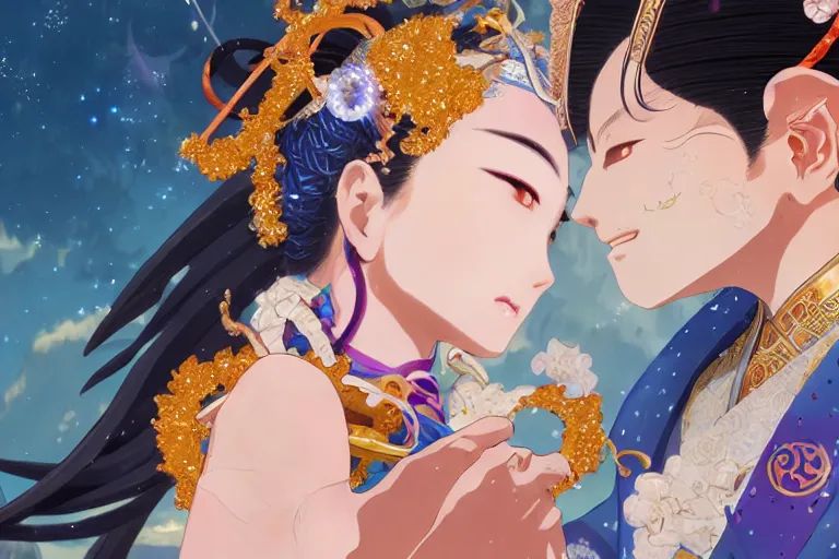 Image similar to close up moment of a divine a japan sun god and a moon goddess lovers magician at a wedding banquet, highly detailed, genshin, fantasy, 4 k realistic, digital painting, trending on artstation, concept art, sharp focus, illustration, art by makoto shinkai and akihiko yoshida and daniel gerhartz