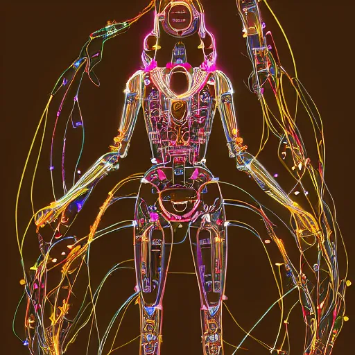 Image similar to a beautiful body of a bot pilot woman mostly made of wires and electronic circuits led luminous, an ultrafine detailed illustration by james jean, final fantasy, intricate linework, bright colors, behance contest winner, vanitas, angular, altermodern, unreal engine 5 highly rendered, global illumination, radiant light, detailed and intricate environment