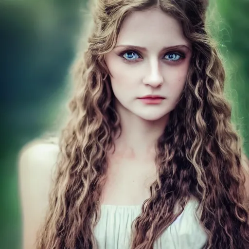 Prompt: Photo of a pretty woman with long wavy hair and blue eyes, wearing a classical dress, looking at the camera, beautiful eyes, setting in nature, outside, highly detailed, sharp focus, cinematic lighting, HD, 8K, award winning photography