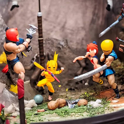 Prompt: photo of figma figures inside a diorama, depicting the cute chibi fighters of mortal kombat brutally fighting each other inside a shaolin temple above a spike - pit.