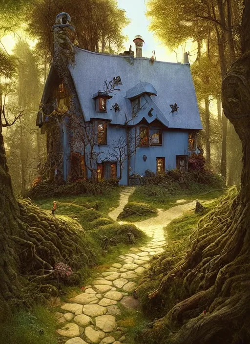 Image similar to hyper realistic homely ornate modern witch cottage distant down a path in the woods gorgeous lighting, blue sky, highly detailed, lush forest by zdzisław beksinski and norman rockwell and greg rutkowskiweta studio, and lucasfilm