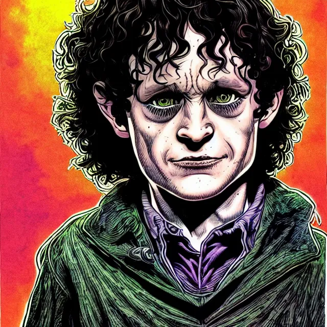 Prompt: symmetrical complex fine detail, black ink & copic markers, vibrant muted colors, disturbing grunge still of a [ solomonic demon infested ] [ frodo baggins ], by ( arthur adams ), by mike allred