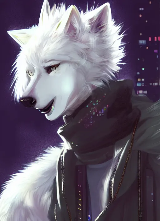 Prompt: character portrait of a male anthro white wolf fursona with a tail and a cute beautiful attractive furry face wearing stylish cyberpunk clothes in a cyberpunk city at night while it rains. hidari, color page, tankoban, 4K, tone mapping, Akihiko Yoshida.