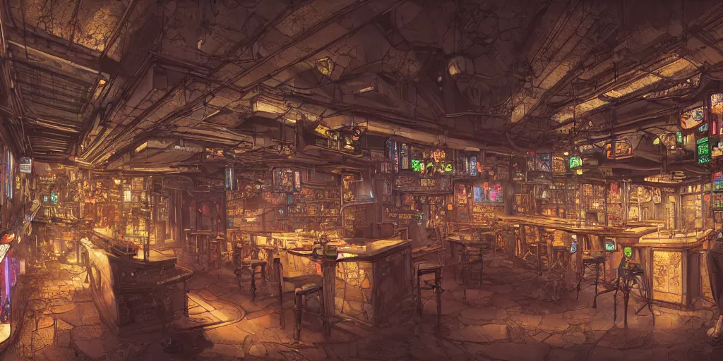 Image similar to Very Highly detailed realistic Digital concept interior design in style of Hiromasa Ogura and Josan Gonzalez of cyberpunk tavern with stone walls and neon lights, a lot of electronics, many details. Natural white sunlight from the transperient roof. Panorama on 360 degrees Rendered in VRAY and DaVinci Resolve and MAXWELL and LUMION 3D, Volumetric natural light