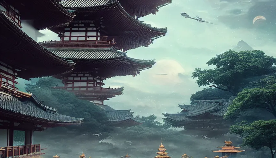 Prompt: a giant alien ufo high tech spaceship eerily hovering on ancient kyoto city landscape with beautiful pagodas by greg rutkowski, artgerm, ross tran, magali villeneuve, intricate, time travel theme, audince in awe, spectacle, audience sorrounding, award winning, octane render, masterpiece, 8 k, beautiful