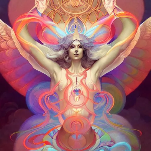 Image similar to psychedelic angelic celestial being artwork of peter mohrbacher, frank xavier leyendecker, energy body, sacred geometry, esoteric art, divinity detailed, saturated colors,