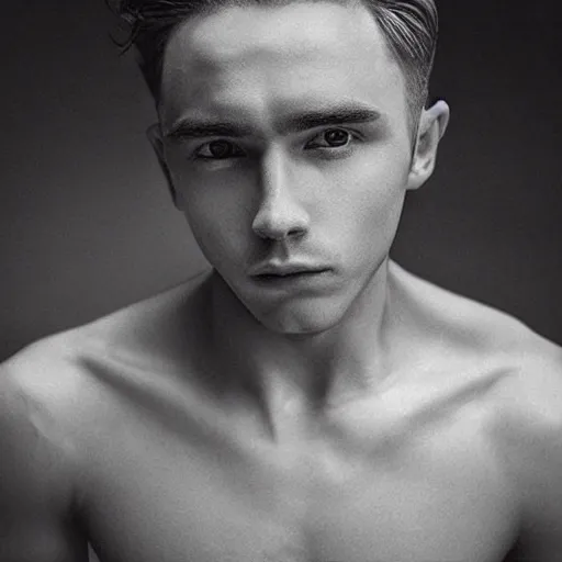 Image similar to “a realistic detailed photo of a guy who is an attractive humanoid who is half robot and half humanoid, who is a male android, Brooklyn Beckham, shiny skin, posing like a statue, blank stare”