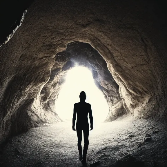 Image similar to portrait of a humanoid alien walking trough a beautiful cave