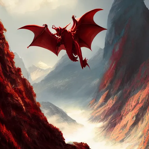 Prompt: red dragon flying in mountain landscape, illustration, epic, fantasy, intricate, hyper detailed, artstation, concept art, smooth, sharp focus, ray tracing, vibrant, photorealistic, rj palmer, rossier, jessica