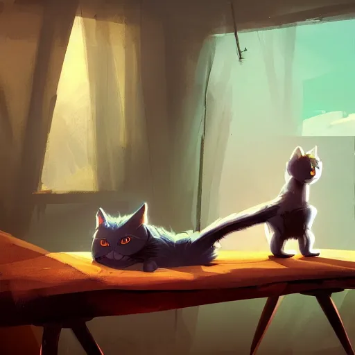 Image similar to a puppet cat is lying on the computer table, characterized by roman shipunov, etienne hebinger, atey ghailan, cgsociety, fantasy art, 2 d game art