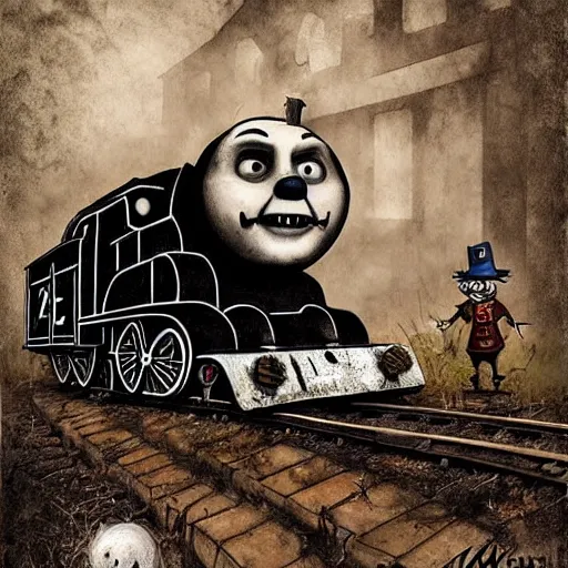 Prompt: grunge drawing of Thomas the tank engine with a pennywise face by - michael karcz , in the style of corpse bride, loony toons style, horror themed, detailed, elegant, intricate