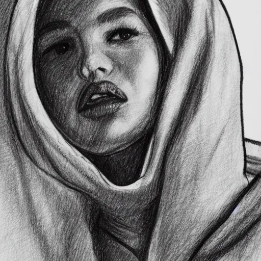 Prompt: b&w sketch of a woman in hoodie, close up