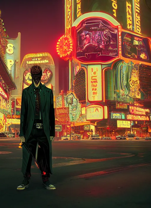 Image similar to 35mm kodak portra photograph of a shadowrun vampire on the Las Vegas strip at night by tomer hanuka and tom bagshaw, handsome face, blood, urban fantasy, hyper realism, high detail, octane render, 8k, trending on artstation, CGsociety, concept art