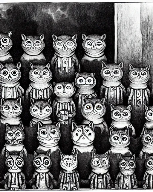 Image similar to group of creep children staring out, black and white character portrait, ultra realistic, concept art, intricate details, war, cinematic, highly detailed by louis wain