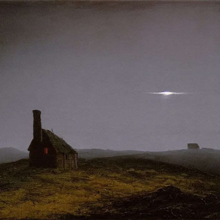 Image similar to painting of a cabin in the moorland by caspar david friedrich, at night, eerie, supernatural