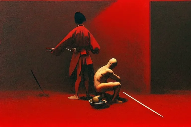 Image similar to only with red, a red samurai do seppuku, tokio, a lot of frogs watch, in the style of beksinski, parts by edward hopper, parts by rodcenko, parts by yue minjun, intricate and epic composition, red by caravaggio, insanely quality, highly detailed, masterpiece, red light, artstation, 4 k