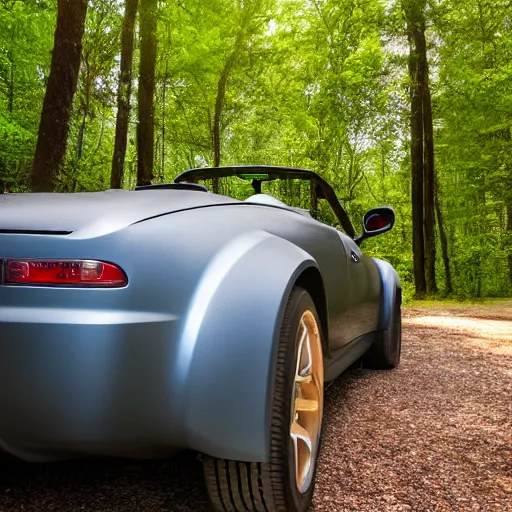 Image similar to a roadster covered by cat hair parking in the forest, warm light, front view, centered, 4k, hd, highly detailed