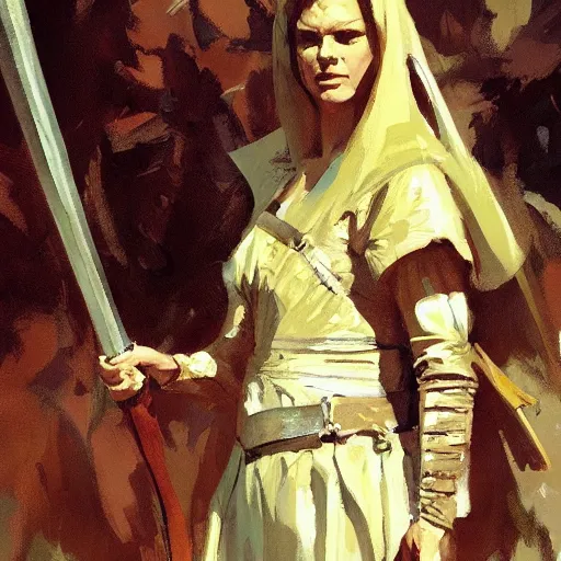 Image similar to portrait of woman wearing medieval clothing holding sword, aggressive stance, detailed by greg manchess, craig mullins, bernie fuchs, walter everett