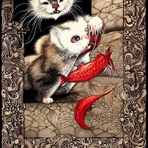 Prompt: vampire cat eating a fish, inside a frame on a tiled wall, frontal picture, by yoichi hatakenaka, masamune shirow, josan gonzales and dan mumford, ayami kojima, takato yamamoto,