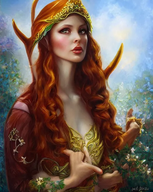 Image similar to a beautiful elf princess, oil painting, by laura sava and julie bell