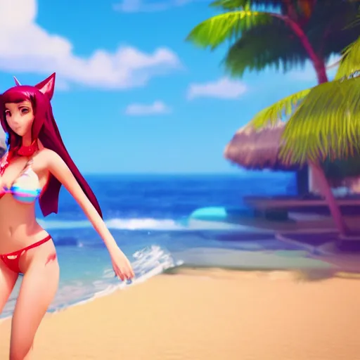 Prompt: beautiful render of pool party Ahri (league of legends) looking at the horizon in a hawaii beach, 3d, octane render, realistic, highly detailed, trending on artstation