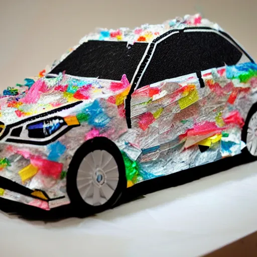 Prompt: bmw hatchback made of tissue paper, tissue paper art