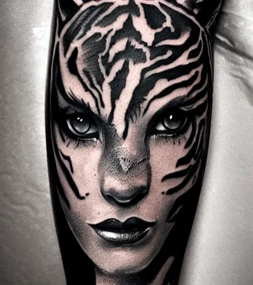 Image similar to tattoo design of a beautiful girl warrior under a tiger head, hyper realistic, realism tattoo, by eliot kohek, beautiful eyes, realistic face, black and white, white background