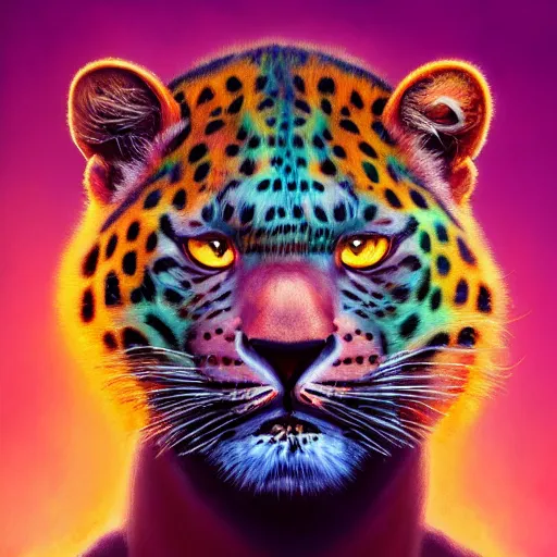 Prompt: a colorful closeup portrait of an amur leopard dreamy vibes floating head and dreaming psychedelic hair. halo behind his head. trending on artstation. by peter mohrbacher and moebius and alex ross. intricate detail. hyperrealistic. photorealism. 8 k. flat design